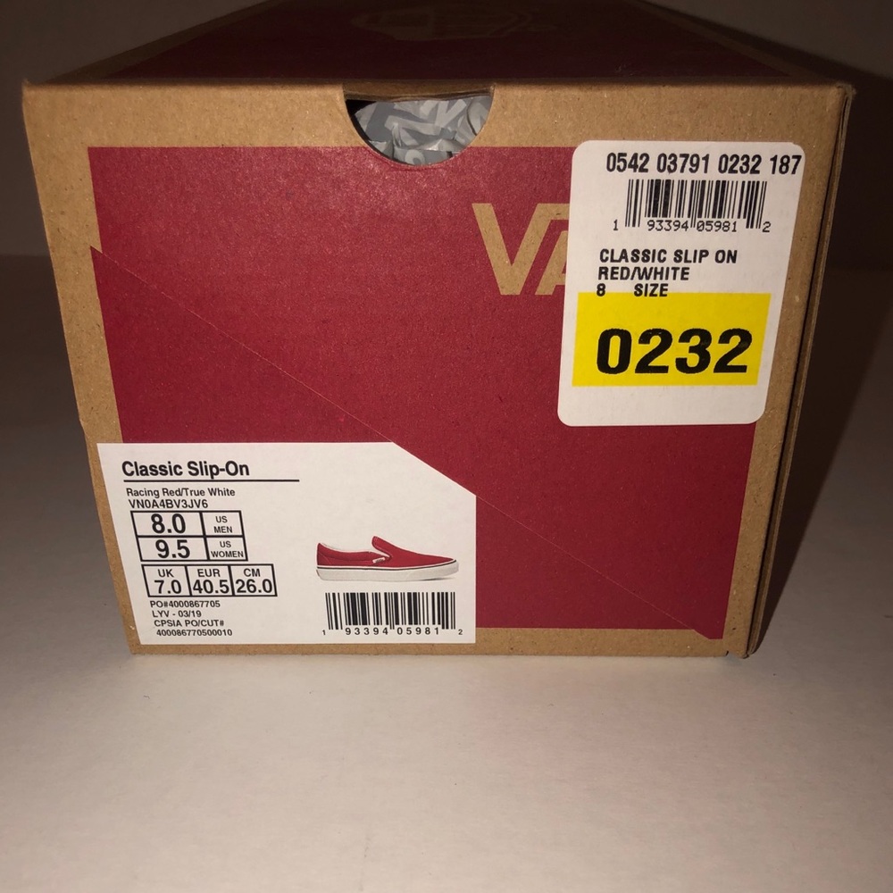 Red Classic Slip-on Vans. (women’s 9.5 men’s 8)